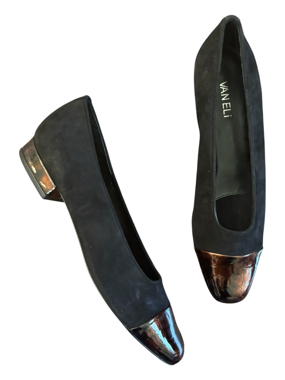 Vaneli Black Suede Flats with Brown Tortoise Cap Toe Size 10 S